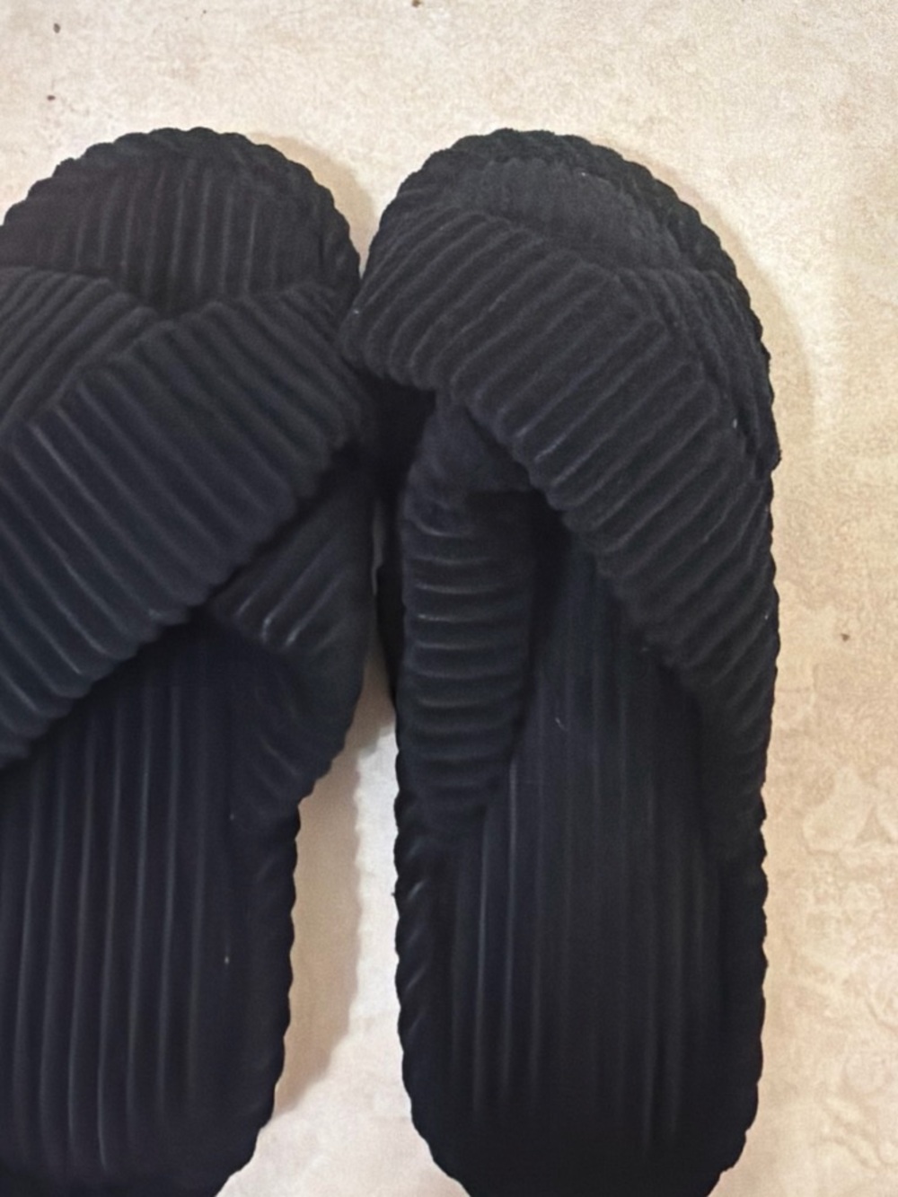 Black Ribbed Cross-Strap Women’s Slide Sandals - Soft Comfort